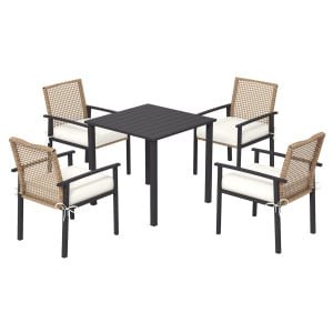 Outsunny Tuinset, 5-delig, weerbestendig, tafel met 4 comfortabele stoelen, metalen frame, eenvoudig te onderhouden, natuurlijk | Aosom.nl