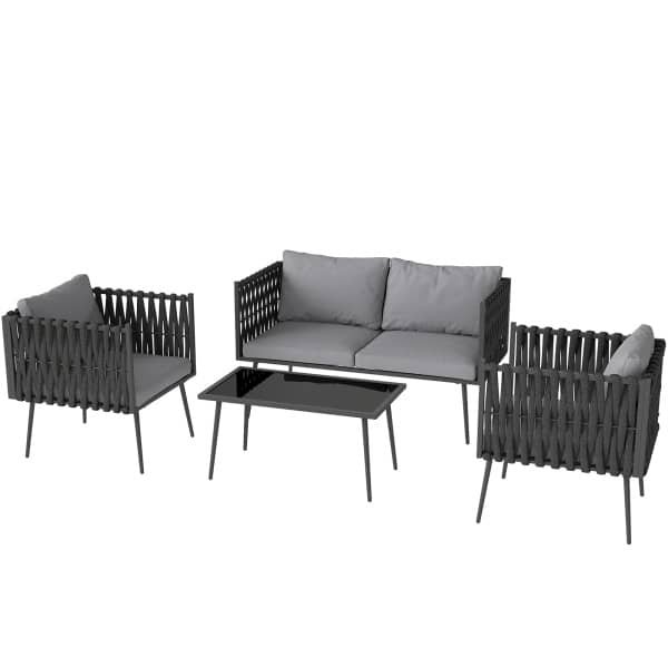 Outsunny Weerbestendige Tuinset voor 4 Personen met Dubbele Sofa, Fauteuils en Glazen Tafel Inclusief Kussens Lichtgrijs