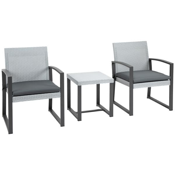 Outsunny poly rotan bistro set 3 st. Balkonmeubelset, tuinmeubelset met bijzettafel, tuinset, zitset met zitkussen, staal, zwart en grijs