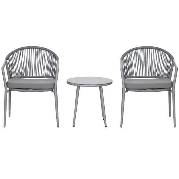 Outsunny tuinset, 2 comfortabele stoelen & 1 tafel met glazen blad, weerbestendig, stevig metalen frame, perfect voor buiten, grijs | Aosom.nl
