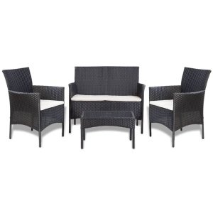 4-delige Loungeset met kussens poly rattan zwart