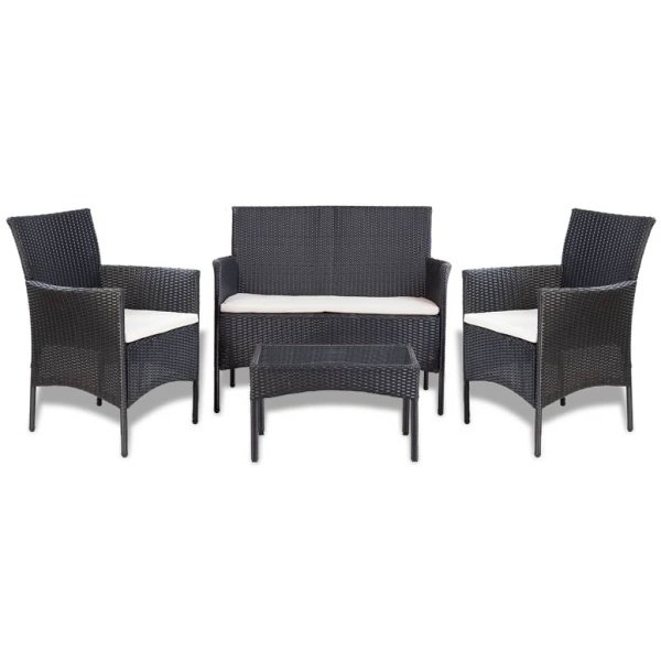 4-delige Loungeset met kussens poly rattan zwart