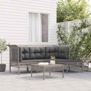 5-delige Loungeset met kussens poly rattan grijs