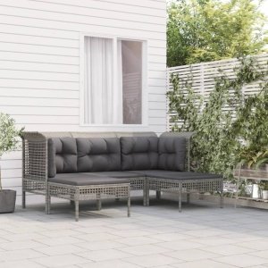 5-delige Loungeset met kussens poly rattan grijs