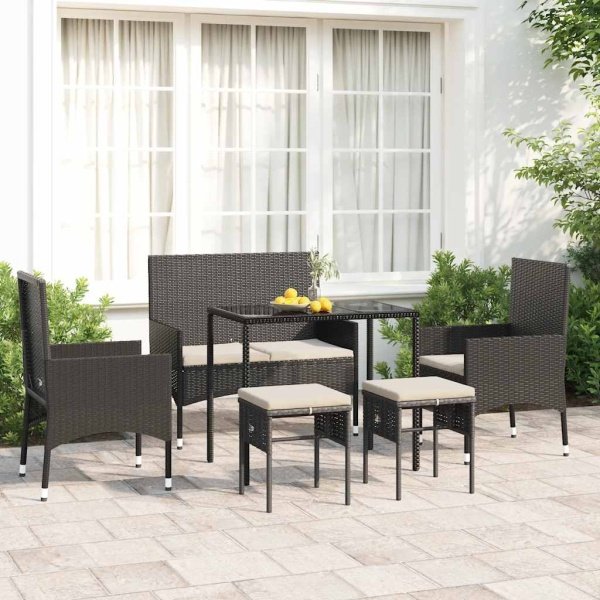 6-delige Loungeset met kussens poly rattan zwart