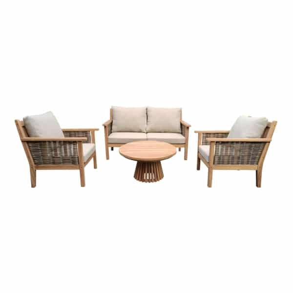 Livingfurn Loungeset Malaga Teakhout, Met bank, 2 stoelen en tafeltje - Naturel