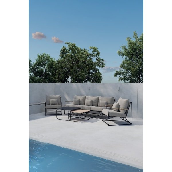 Nohr Loungeset Markesha Bouclé, Met bank, 2 stoelen en 2 tafels - Beige/Zwart