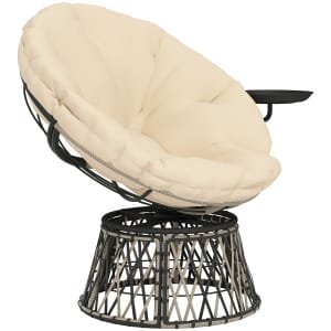 Outsunny 360° Draaibare Rattan Papasan Stoel met Kussen, Diameter 90 cm, Beige