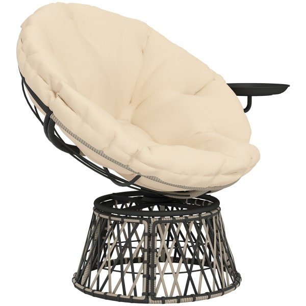 Outsunny 360° Draaibare Rattan Papasan Stoel met Kussen, Diameter 90 cm, Beige
