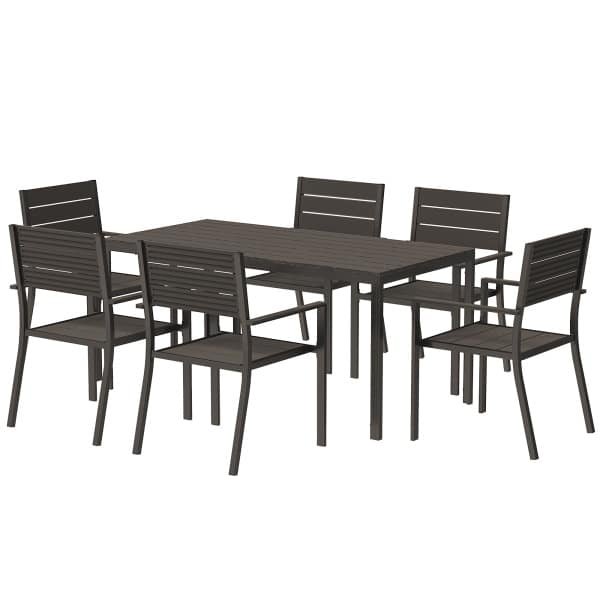 Outsunny 7-delige Tuinset voor 6 Personen - Eettafel met Stapelbare Stoelen in Donkerbruin