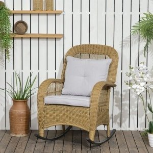 Outsunny schommelstoel, boho-stijl, comfortabel PE-rotan, weerbestendig, wasbare hoezen, 75 x 95 x 90 cm, naturel, lichtgrijs | Aosom.nl