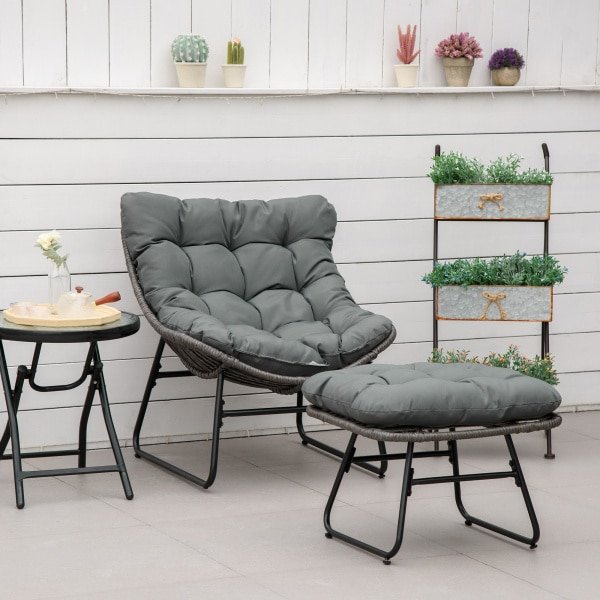 Outsunny set van twee rotan fauteuils, weerbestendig, comfortabele kruk, ideaal voor buiten, 69 x 76 x 70 cm, staalgrijs | Aosom.nl