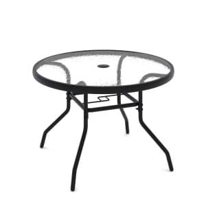 Patio Bijzettafel Tuintafel voor Buiten met Glazen Blad en φ4,2 cm Parasolgat Ronde Salontafel met Robuust Metalen Frame