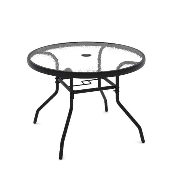 Patio Bijzettafel Tuintafel voor Buiten met Glazen Blad en φ4,2 cm Parasolgat Ronde Salontafel met Robuust Metalen Frame