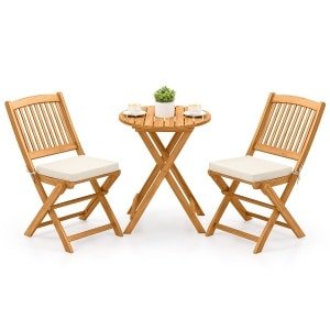 3-delige Opklapbare Bistroset van Acaciahout Tuinset met Kussens Buitenterrasmeubelset met Tafel en 2 Stoelen voor Balkon Beige