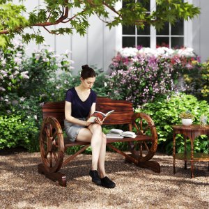 Outsunny 2-Zits Tuinbank met Wiellike Armleuningen, Rustieke Outdoor-Bank voor Terras, Veranda, Vurenhout, Bruin