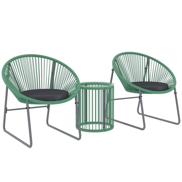 Outsunny 3-delig Buitenmeubelset, 1 Tafel, 2 Stoelen, Glazen Tafelblad, Kunststof-Rattan om Stalen Frame, Zachte Kussens, Groen