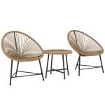 Outsunny 3-delige Tuinmeubelset, 2 Kunststofrattan Stoelen, 1 Tafel met Glazen Blad, Stalen Frame, Buiten Zitmeubels, Lichtbruin