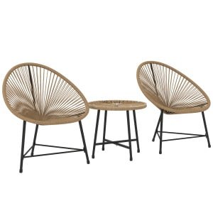 Outsunny 3-delige Tuinmeubelset, 2 Kunststofrattan Stoelen, 1 Tafel met Glazen Blad, Stalen Frame, Buiten Zitmeubels, Lichtbruin
