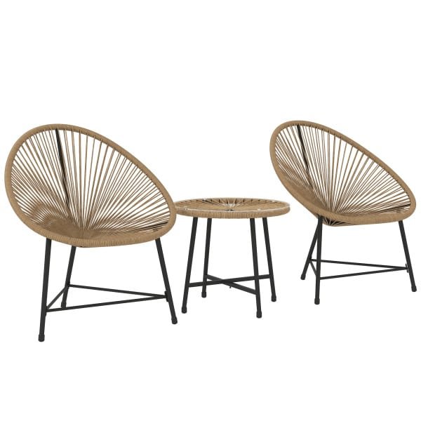Outsunny 3-delige Tuinmeubelset, 2 Kunststofrattan Stoelen, 1 Tafel met Glazen Blad, Stalen Frame, Buiten Zitmeubels, Lichtbruin