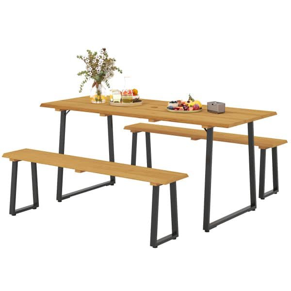 Outsunny 3-delige houten zitgroep voor 6 personen met eettafel en 2 banken, parasolgat, 178 x 76 x 77 cm, natuurlijk hout