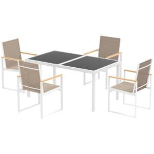 Outsunny 5-delig eetset voor buiten, tafel met gehard glas, 4 stoelen, weerbestendig, stalen frame, terrasmeubilair, Meerkleurig