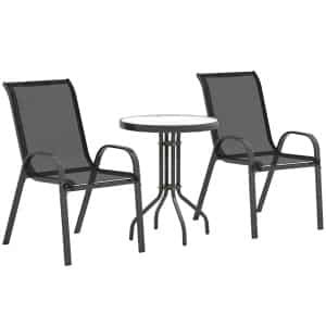Outsunny Bistro-set 3-delig Weerbestendig tuinmeubelset met glazen tafel Stapelbare tuinstoelen Zwart