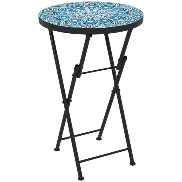 Outsunny Mozaïek Tuintafel, Opvouwbare Ronde Terrastafel met Metalen Frame en Keramisch Tafelblad, Mozaïekpatroon, Blauw
