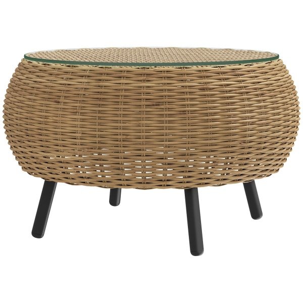 Outsunny Polyrattan Bijzettafel met Glazen Tafelblad Ø75 x 42 cm - Bruin