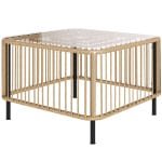 Outsunny Polyrattan Tuintafel, 65 x 65 x 43 cm, Weerbestendige Bijzettafel Vierkant met Glazen Plaat, Natuurlijk Hout