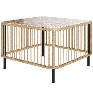 Outsunny Polyrattan Tuintafel, 65 x 65 x 43 cm, Weerbestendige Bijzettafel Vierkant met Glazen Plaat, Natuurlijk Hout