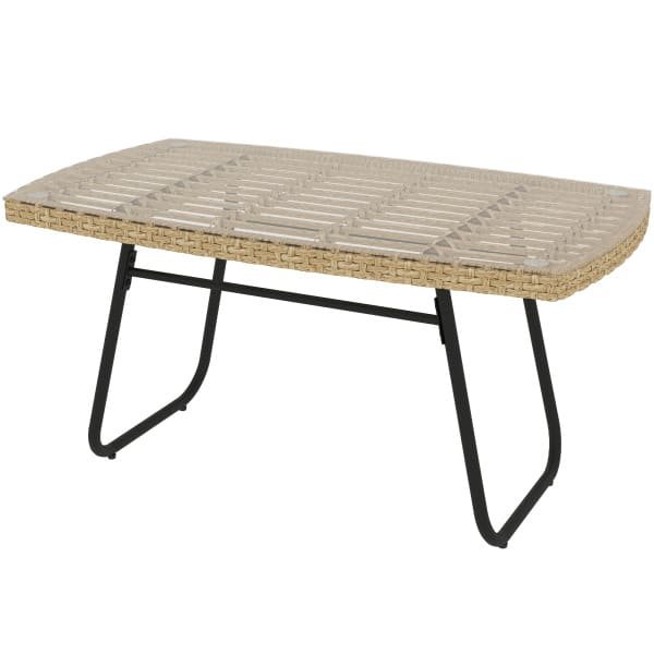 Outsunny Polyrattan Tuintafel, 90 x 50 x 45 cm, UV-bestendige Bijzettafel met Glazen Plaat Natuurhout