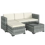 Outsunny Polyrattan tuinmeubelset 5-delig, loungeset met hoekbank, poef, tafel, zit- & rugkussens Grijs+Crèmewit