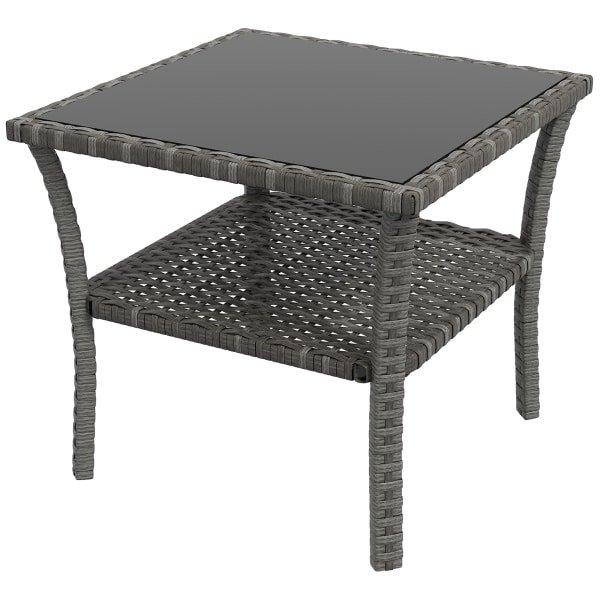 Outsunny Polyrattan tuintafel, 50 x 50 x 45cm, weersbestendige bijzettafel voor 4 personen, vierkant met opberglade en glasplaat