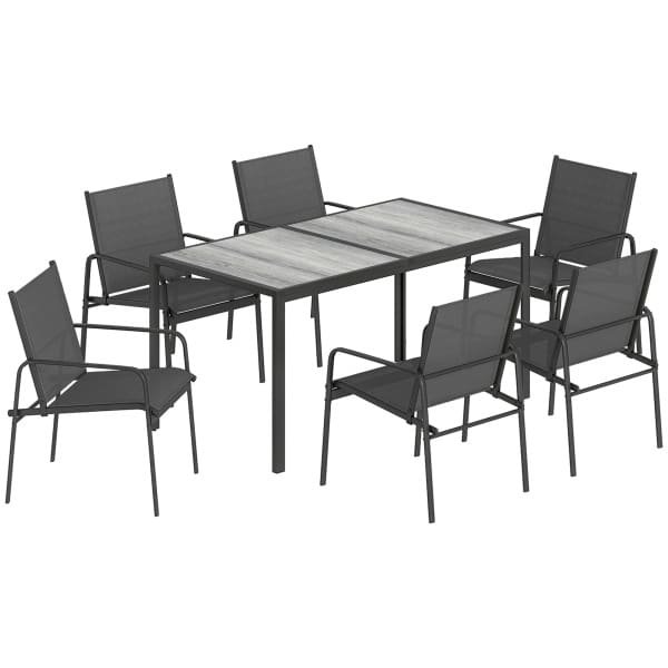 Outsunny Tuinset zitgroep 150 x 80 cm tafel met 6 ademende stoelen houtlook stalen frame Zwart