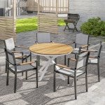 Outsunny Tuintafel Ø118cm, Weerbestendig Balkontafel uit Aluminium, Bijzettafel met Kruispoten Latontwerp Teak