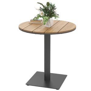 Outsunny Tuintafel Ø70 cm, Weerbestendige Ronde Balkontafel met Lamellenontwerp, Staal Ø70 x 74H cm Natuurlijk Hout