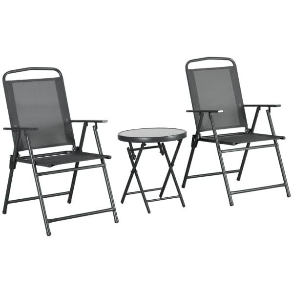 Outsunny Weerbestendig Bistro-Set 3-delig van Metaal met Opklapbare Glastafel en Tuinstoelen, Donkergrijs