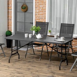 Outsunny buitentafel, opvouwbaar, ruimte voor 6 personen, weerbestendig, houtlook, 180 x 75,5 x 73 cm, donkergrijs | Aosom.nl