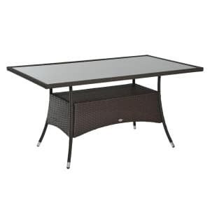 Outsunny polyrotan tuintafel, stijlvolle glazen eettafel, weerbestendig, stevig metaal, 150 x 85 x 74 cm, perfect voor buiten, zwart | Aosom.nl