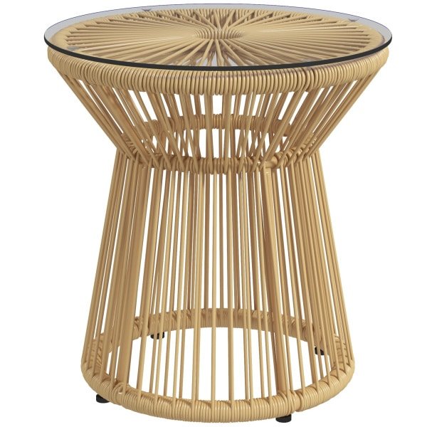 Outsunny stijlvolle outdoor bijzettafel, modern design, duurzaam PE-rattan, glasplaat, weerbestendig, 40 x 40 x 42 cm, beige | Aosom.nl