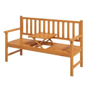 Outsunny tuinbank, comfortabele houten buitenbank, inklapbare tafel, weerbestendig, duurzaam grenen, 153 x 56 x 91 cm, lichtbruin | Aosom.nl