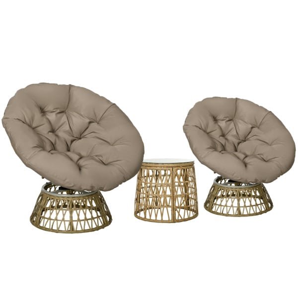 Outsunny tuinmeubelset, 3-delige bistroset, weerbestendig, afneembare kussens, comfortabel, 85 x 70 x 82 cm, natuurlijk, lichtbruin | Aosom.nl