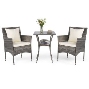 3-Delige Tuinset 2 Rotan Tuinstoelen en Een Bijzettafel met Blad van Gehard Glas Een Loungeset voor Terras Tuin Veranda of Zwembad-Wit