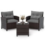 3-Delige Tuinset Rotan Bistroset met 2 Stoelen en 1 Tafel met Gehard Glazen Blad en Kussens Loungeset voor Balkon Tuin Grijs