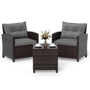 3-Delige Tuinset Rotan Bistroset met 2 Stoelen en 1 Tafel met Gehard Glazen Blad en Kussens Loungeset voor Balkon Tuin Grijs