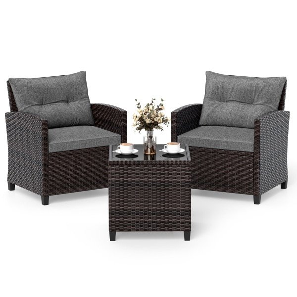 3-Delige Tuinset Rotan Bistroset met 2 Stoelen en 1 Tafel met Gehard Glazen Blad en Kussens Loungeset voor Balkon Tuin Grijs