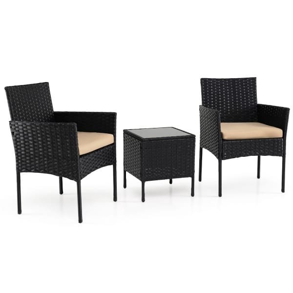 3-Delige Tuinset met Tafel en 2 Comfortabele Stoelen van Gehard Glas Afneembare Kussens Metalen Frame-Geelbruin