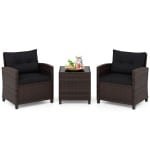 3-delige Rotan Tuinmeubelset met 2 Fauteuils en Tafel Tuinset voor 2 Personen Terrasmeubelen met Kussens voor Tuin en Balkon Zwart