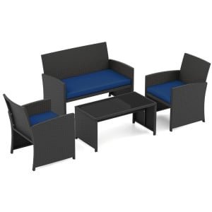 4-Delige PE-Rotan Tuinset 2-Zitsbank van Riet met Fauteuils en Salontafel van Gehard Glas Tuinmeubelen met Kussens Marineblauw